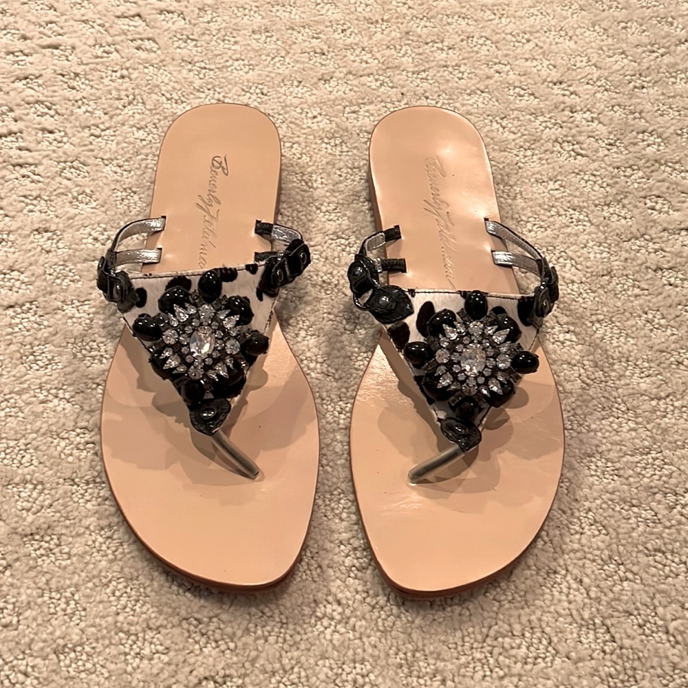 Beverly Feldman black and white beaded rhinestone sandals